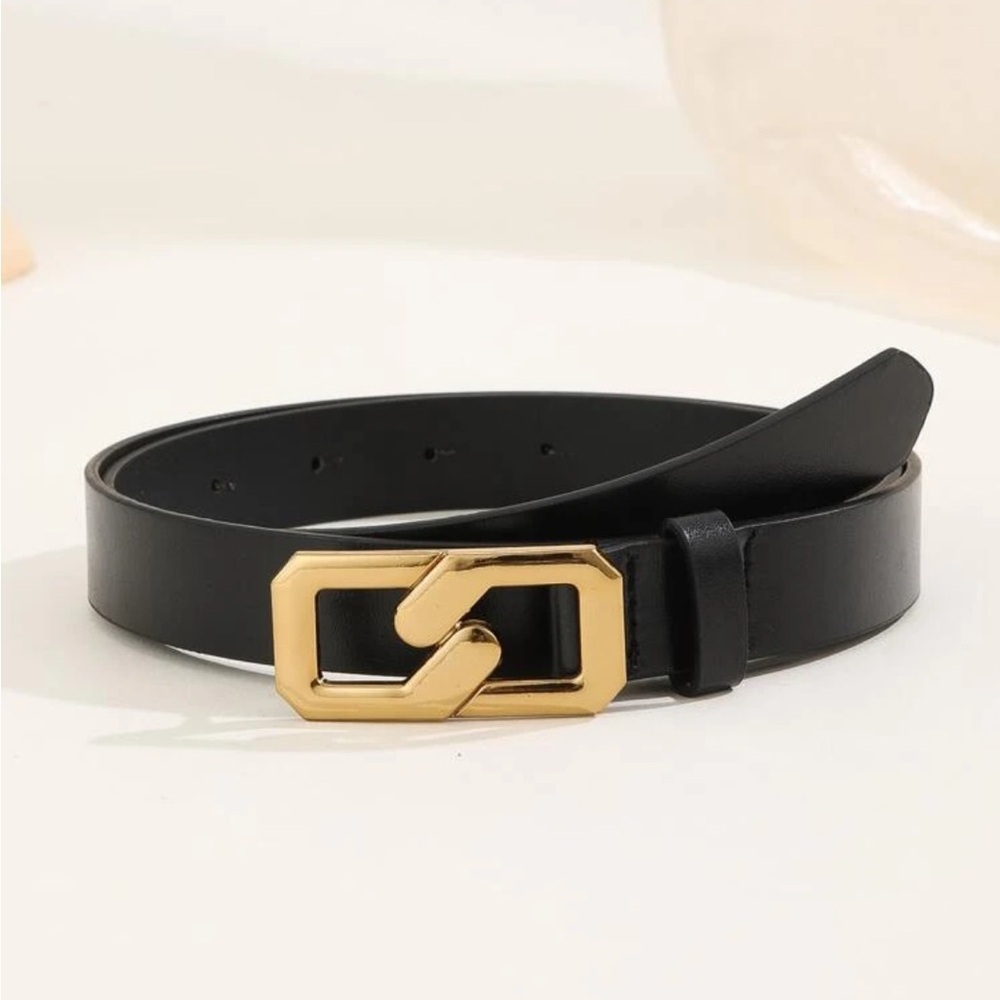 Black Faux Leather Belt Gold Tone Buckle